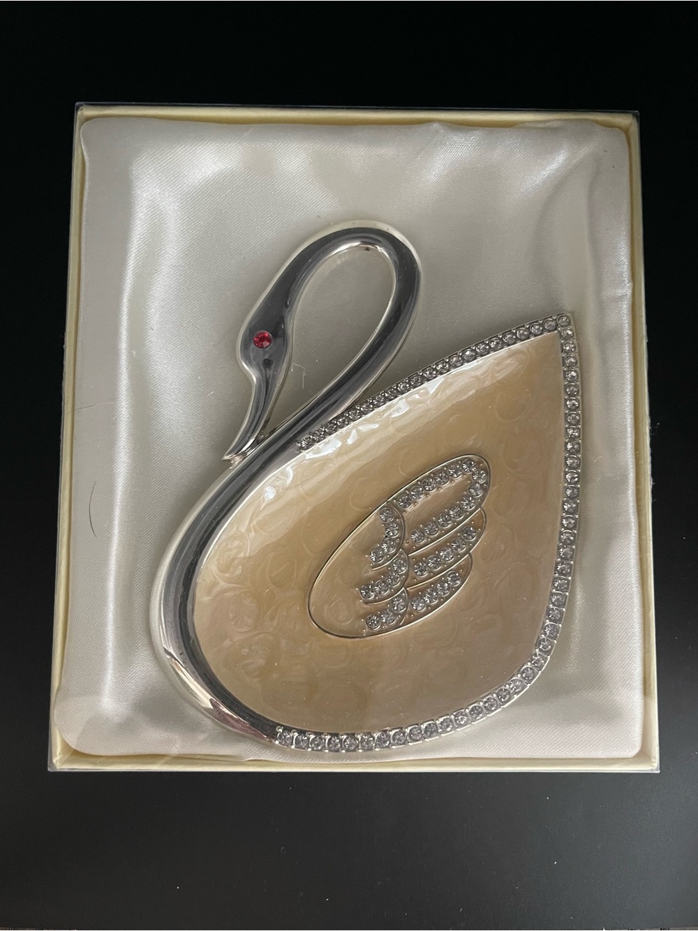 NIB Vtg Silver Plated Swan Jewelry Tray Rhinestone Trinket Dish ( Factory sealed